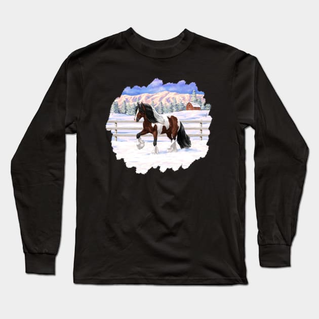 Bay Brown Pinto Skewbald Gypsy Vanner Draft Horse Trotting in Snow Long Sleeve T-Shirt by csforest